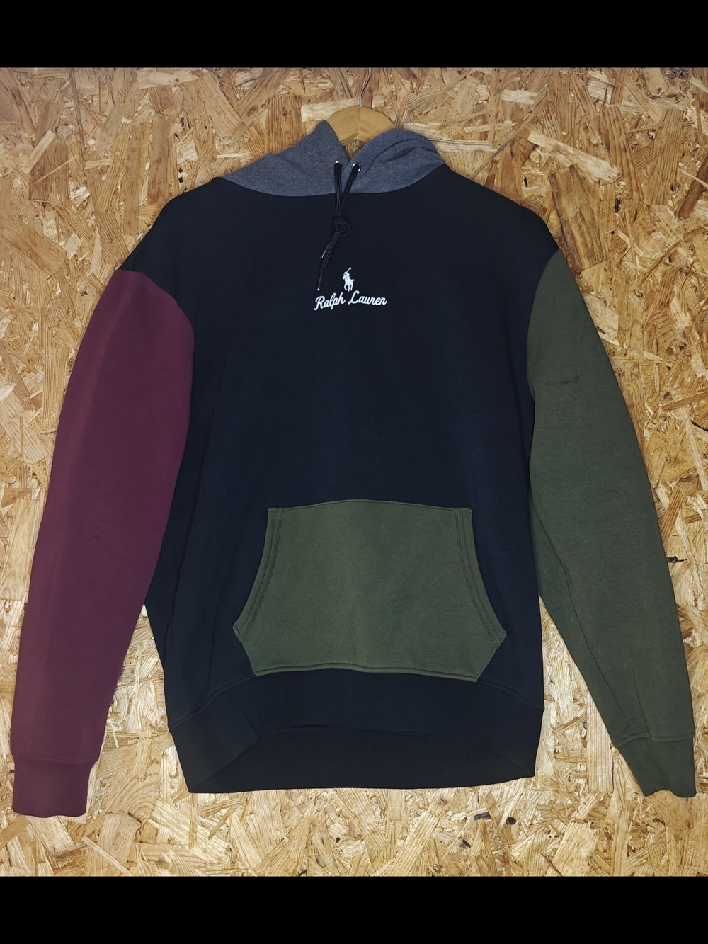 Ralph Lauren Black Colorblock Hoodie with Burgundy and Olive Sleeves